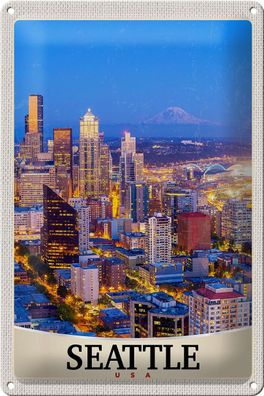 Blechschild Reise 20x30cm Seattle USA Amerika Stadt Abend Urlaub Schild tin sign