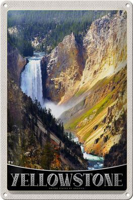 Blechschild Reise 20x30 cm Yellowstone Wasserfall Fluss Natur Schild tin sign
