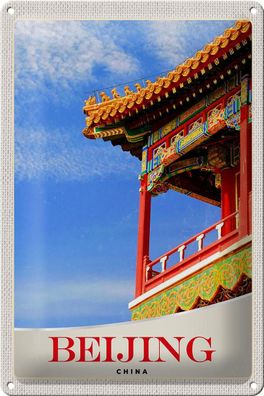 Blechschild Reise 20x30 cm Beijing China Haus bunt traditionell Schild tin sign