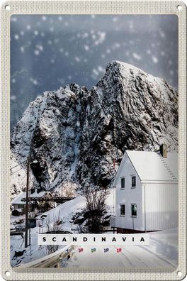 Blechschild Reise 20x30 cm Skandinawien Schnee Winter Berg Haus Schild tin sign