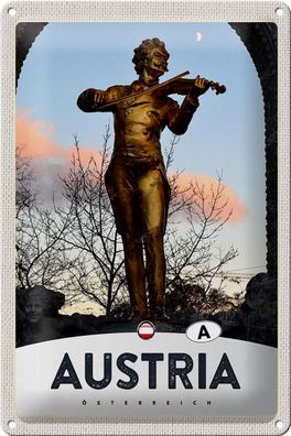 Blechschild Reise 20x30 cm Österreich Skulptur Mann Geige gold Schild tin sign