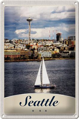 Blechschild Reise 20x30 cm Seattle USA Boot Schiff Stadt Meer Schild tin sign