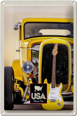 Blechschild Reise 20x30 cm Amerika Oldtimer gelb Auto Gitarre Schild tin sign