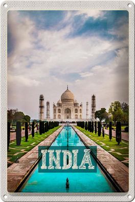 Blechschild Reise 20x30 cm Indien Taj Mahal Moschee Agra Garten Schild tin sign
