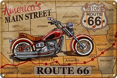 Blechschild Motorrad 30x20cm America`s main street route 66 Deko Schild tin sign