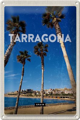 Blechschild Reise 20x30cm Tarragona Spanien Palmen mit Meerblick Schild tin sign