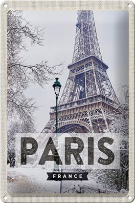 Blechschild Reise 20x30 cm Paris Frankreich Eiffelturm Schnee Schild tin sign