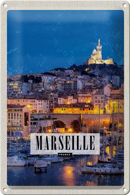 Blechschild Reise 20x30 cm Retro Marseille France Panorama Nacht Schild tin sign