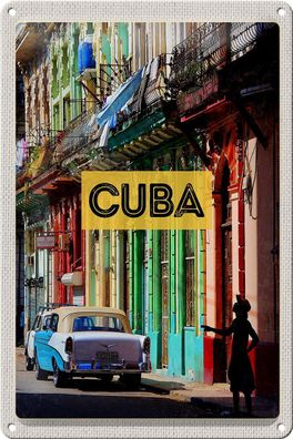 Blechschild Reise 20x30 cm Cuba Karibik Oldtimer Haus Gasse Schild tin sign