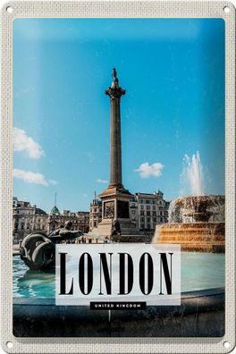 Blechschild Reise 20x30 cm London UK Brunnen Trafalgar Square Schild tin sign