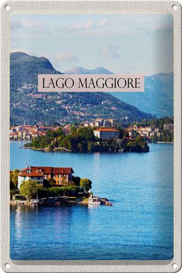 Blechschild Reise 20x30cm Lago Maggiore Aussicht auf Insel Meer Schild tin sign