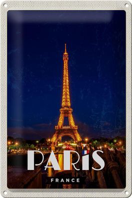 Blechschild Reise 20x30 cm Paris France Eiffelturm Nacht Lichter Schild tin sign