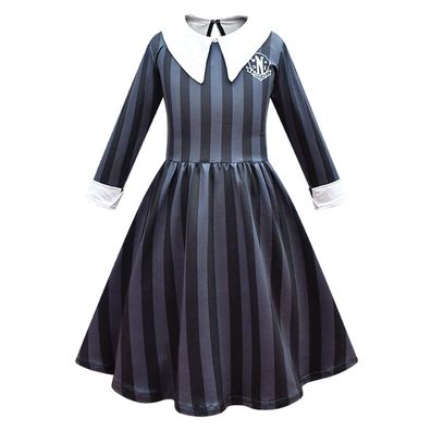 Schön Mädchen Wednesday Addams Cosplay Kostüm Streifen Lange Ärmel Kleid