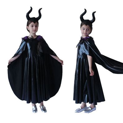 Kinder Patin Maleficent Cosplay Kostüm Langes Kleid mit Magischer Winkel Cloak