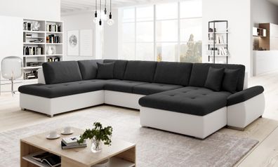 FURNIX U-Sofa MADIE U Polstercouch mit Schlafunktion MA120-SO20 Weiß-Schwarz