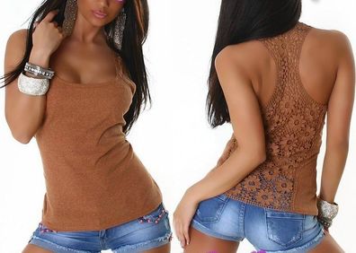 SeXy Miss Damen Ringer Top Ripp Rücken Spitze Stickerei U Top XS S Freesize braun