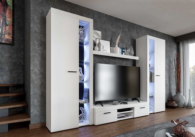 FURNIX Mediawand RIVAY XL Wohnwand 4-teilig Schrank mit LED 300 cm klassisch Weiß