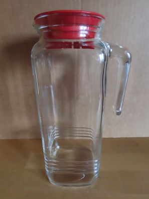 Kanne Saftkanne Milchkanne Glas klar viereckig roter Deckel/ ca. 1L
