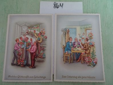 2 alte Postkarten AK SV 1770 Zum Geburtstag Skat Kegeln Männer Herren