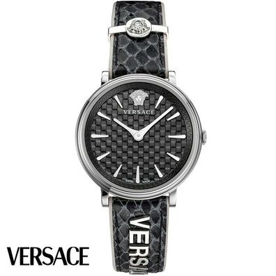Versace VE8100919 V-Circle Lady silber grau schwarz Leder Armband Uhr Damen NEU
