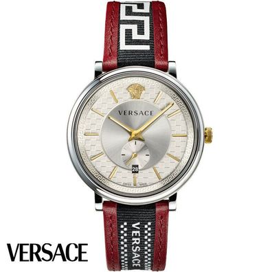 Versace VEBQ01319 V-Circle Greca Edition silber schwarz rot Leder Herren Uhr NEU