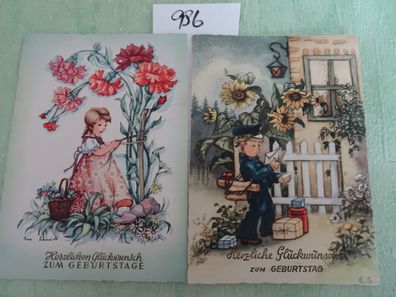 2x Postkarten August Gunkel Eva Schmidt pastell zum Geburtstag