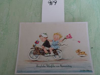 alte Postkarte August Gunkel 156/2 signiert Kinder auf Moped zum Namenstag