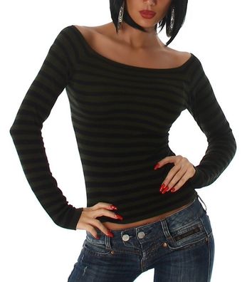 SeXy Miss Damen Pullover leichter Feinstrick Pulli Shirt streifen kurz XS/ S olive