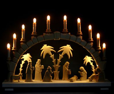 Großer LED Schwibbogen Heilige Geschichte / Christi Geburt geschnitzt Erzgebirge