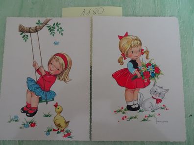 2 alte Postkarten AK Arthur Krüger West Germany 900/89 francoise Kinder Katze Küken