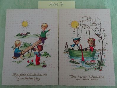 2 alte Postkarten AK Arthur Krüger West Germany zum Geburtstag Kinder Wippe Boot....