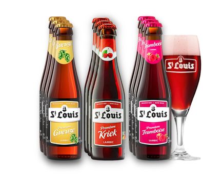 St. Louis Bier Mix - Je 3 x Kriek, Framboise & Gueuze + Original Glas