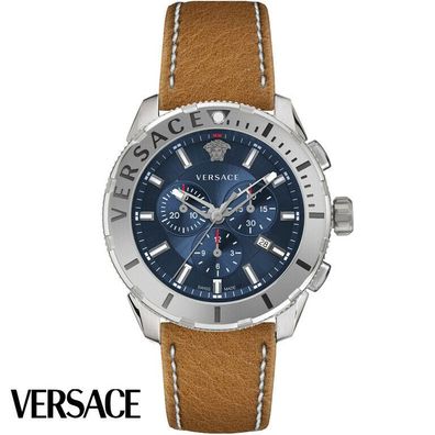 Versace VERG00218 Casual Chrono blau silber braun Leder Armband Uhr Herren NEU