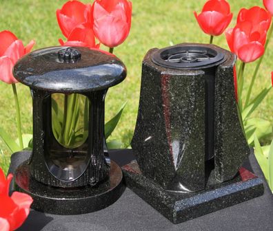 schwarze Grablaterne mit stilvoller Vase aus Granit Grab-Lampe Grab-Vase Blumenvase
