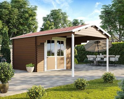 Gartenhaus 3x2,6m + 2,6m Holz natur Vordach Blockhaus Schuppen Hütte ALL IN