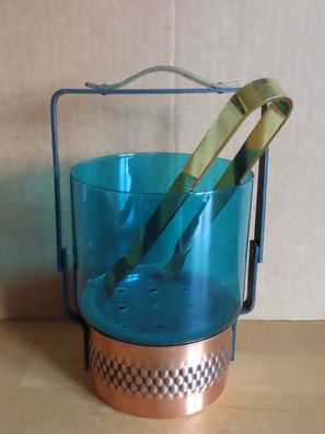 Eiswürfelbehälter + Zange grünes Glas kupferfarbener Halter / 17 cm H