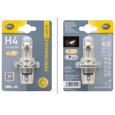 Hella H4 12V 60W/55W Performance bis 60% Halogen-Birnen Lampe Licht Scheinwerfer