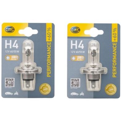 2x Hella H4 12V 60W/55W Performance + 60% Halogen-Birnen Lampe Licht Scheinwerfer
