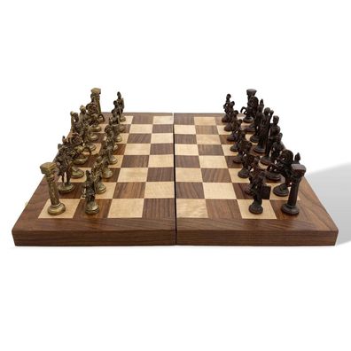 Grosses Schachspiel Römer Figuren und Etui Holz Messing edel Schach Antik-Stil