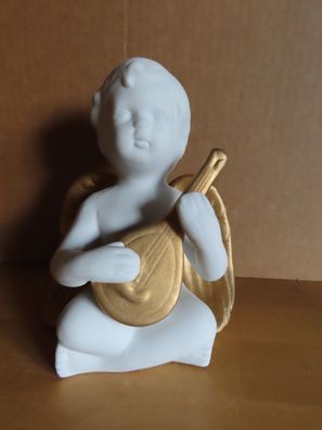 Figur Engel mit Gitarre/ Mandoline sitzt im Schneidersitz weiß gold/ ca.14,5 cm H