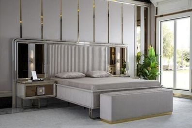 Schlafzimmer Set Weiß Bett Holz 2x Nachttische Modern Hocker Neu 4tlg.