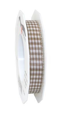 Präsent Motivband Karo Vichy 20-m-Rolle 15 mm taupe/ weiss