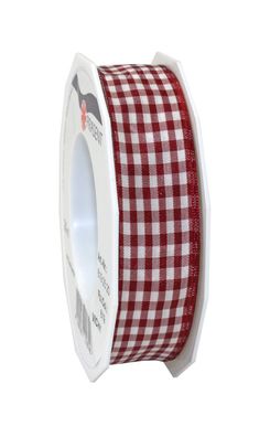 Präsent Motivband Karo Vichy 20-m-Rolle 25 mm mit Draht bordeaux/ creme