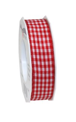 Präsent Motivband Karo Vichy 20-m-Rolle 25 mm mit Draht rot/ weiss