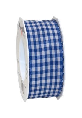 Präsent Motivband Karo Vichy 20-m-Rolle 40 mm mit Draht royalblau/ weiss