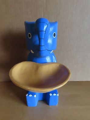 Figur Elefant blau hält eine Schale Holz / ca. 19 cm H