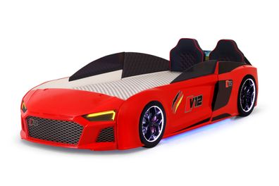 Kinder Autobett V12 Full mit Sound &amp; LED Scheinwerfer Rot