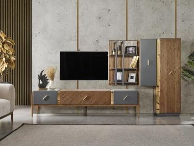 Garnitur Wohnwand TV Ständer RTV Lowboard Sideboard Regale Holz Braun