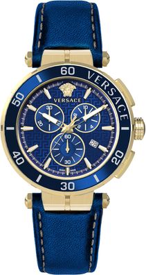 Versace VE3L00322 Greca Chrono gold blau Leder Armband Uhr Herren NEU