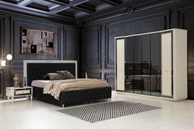 Modernes Schlafzimmer Set Schwarzes Bett + 2x Nachttische 4tlg. Kleiderschrank